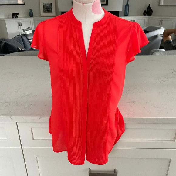 H&M Button Down Front Pleat Detail Flutter Cap Sleeve Sheer Top Orange Sz 6 - Picture 1 of 9